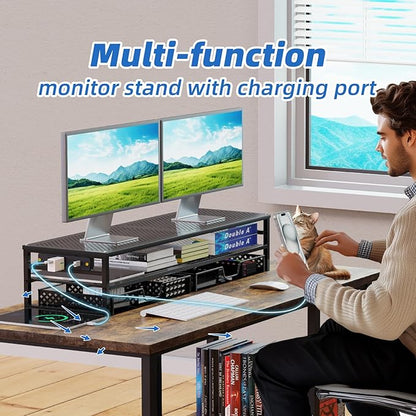 Simple Trending 2 Tier Metal Monitor Stand Riser with USB 2.0 and Charging Prot , Computer Office Desktop Organizer for 2 Monitors With Two Drawer Storage and Reusable Cable Ties,for Printer, TV, Black