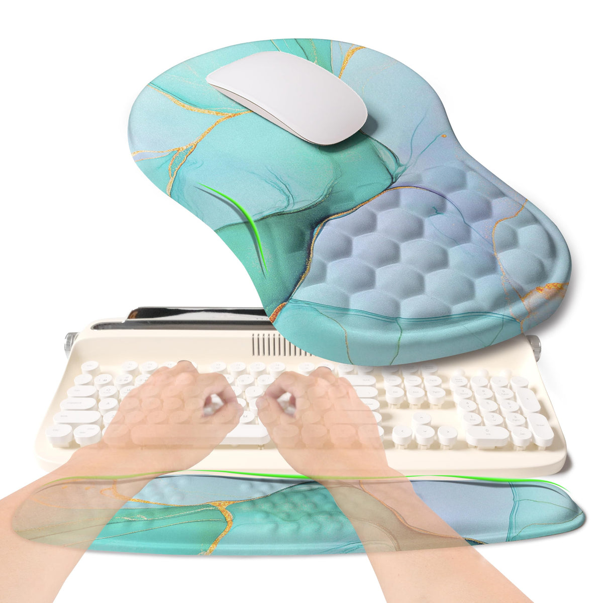 KUOSGM 2-in-1 Ergonomic Set, Wave Rise Keyboard Wrist Rest and Massage Bulge Slope Mouse Pad Wrist Support, Cushion Memory Foam Integrated to Relieve Wrist Pain, Cute Cat Paws