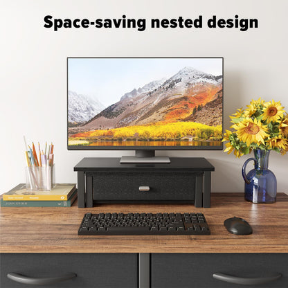 WOHOMO Dual Monitor Stand Riser with Drawers, Wood Desk Organizers for 2 Monitors, Desktop Storage Stand for Computer, Laptop, Black