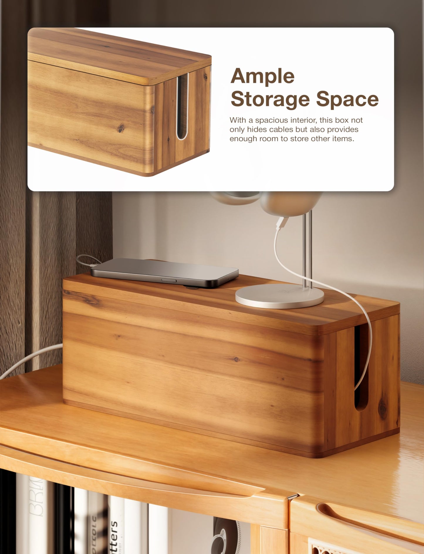 TIDITA 16" L Wooden Cable Management Box Round Edge, Magnetic Lid, Large