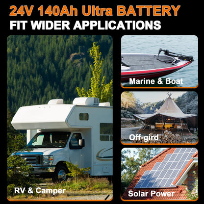 24V 140Ah Lithium Battery,Deep Cycle LiFePO4 Batteries with Max.3584Wh Energy Capacity,5000+ Deep Cycles,for Solar System Back-up Power,Off-grid Applications,RV,Trolling Motor etc.