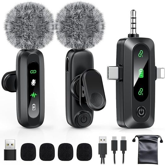 GoorDik Wireless Lavalier Microphone for iPhone, Android, USB C, PC, Camera Video Recording 4 in 1 Clip-on Mics with Rotatable Clip&Denoise Recording, for Vlog Tiktok YouTube Podcast Content Creator