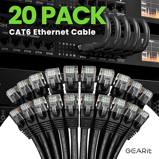GEARit Cat 6 Ethernet Cable Pack - 20-Pack 25 ft Cat6 Ethernet Patch Cables | RJ45 Network Patch Cable, 10 Gbps Snagless Gold-Plated Connectors - Ethernet Cable Cat 6 for PC, TV, Router - Black