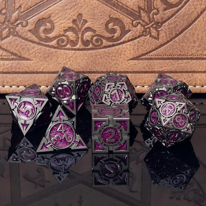 Purple Black Nickel Finish Heavy Metal DND Dice Set (Warlock) with A Metal Box, Sharp Edge Zinc Alloy D&D Accessories, D4-D20, Designed for Dungeons & Dragons Master, RPG Player, Starter