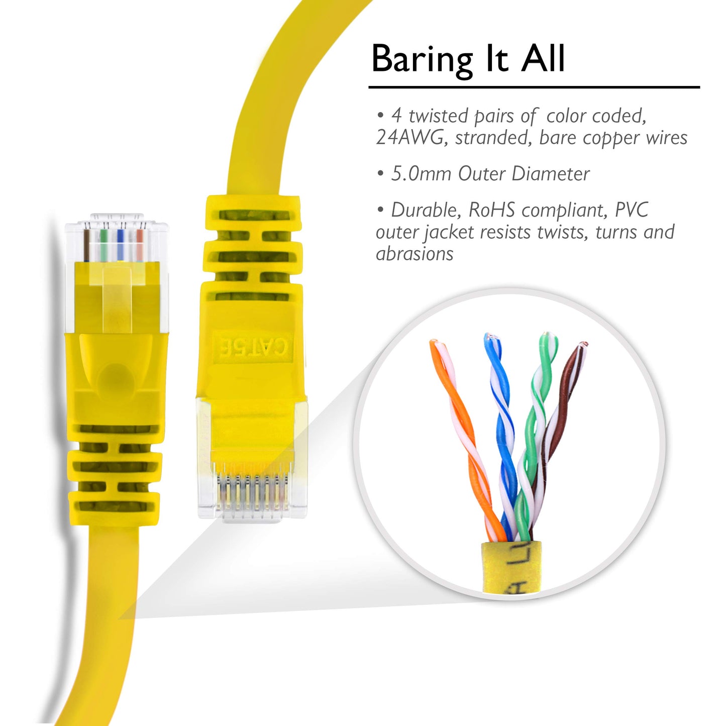 GearIT 50-Pack, Cat5e Ethernet Patch Cable 1 Foot - Snagless RJ45 Computer LAN Network Cord, Yellow - Compatible with 48 Port Switch POE Rackmount 48port Gigabit