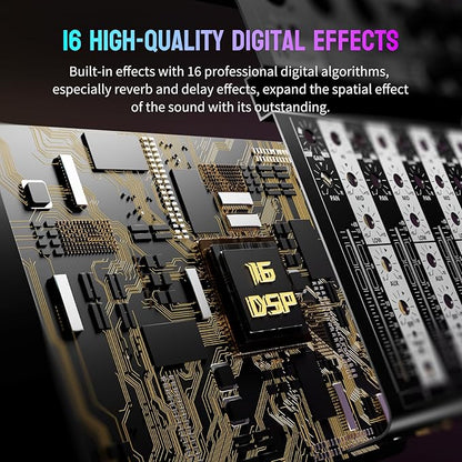 Professional Audio Mixer,6 Channel Audio Interface Sound Board Mixing Console System with Monitor,16 DSP DJ Bluetooth Mixer Reverb Effect +48V Phantom For Karaoke Studio Streaming Recording