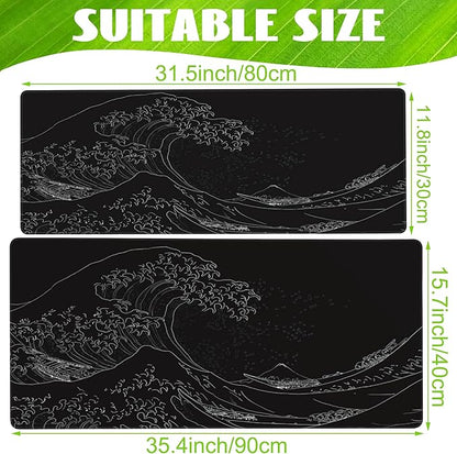 Desk Mat, Black Japanese Sea Wave Desk Pad, Extended Big Computer Keyboard Mouse Pad with Non-Slip Base and Stitched Edge, 35.4"x15.7"