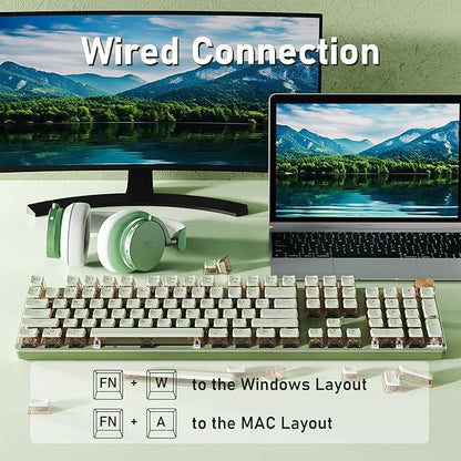 EWEADN V20 Wired Mechanical Keyboard, 104 Keys Backlit LED Keyboards, Media Control Knob, Wired Computer Keyboard Pink Switch for Windows/Mac/PC-Matcha Green