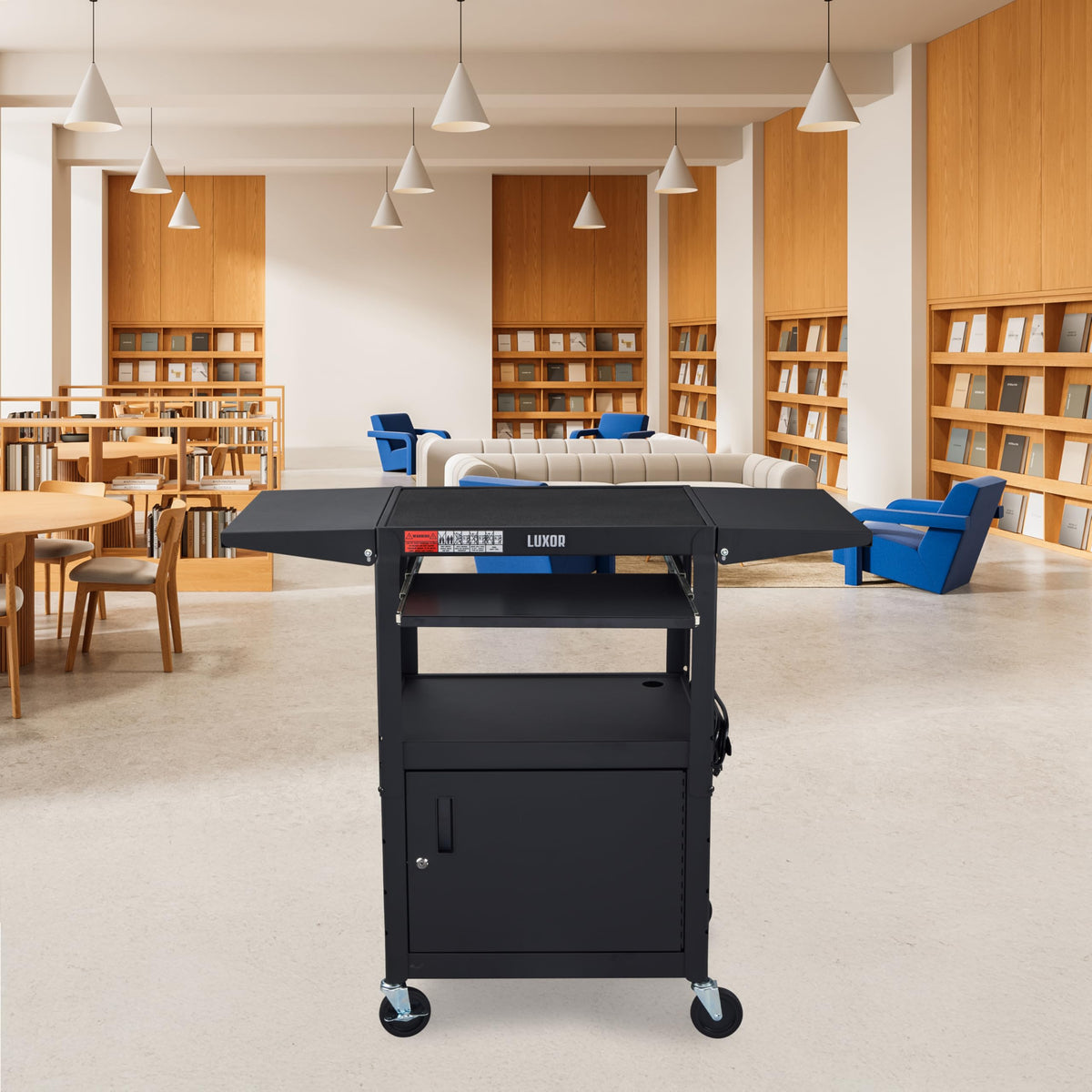 Leader Adjustable Height Rolling AV Cart, Mobile Workstation with Drop Leaf Shelves, Pullout Keyboard Tray, Locking Steel Cabinet, Power Strip for Classroom and Office Use (Black, 24-42 Inch)