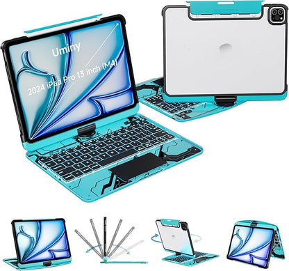 iPad Keyboard Case for 2024 M4 iPad Pro 13 inch, Magic Wireless Keyboard with Trackpad 7 Color Backlit, 360° Rotating Stand Transparent Protective Cover with Pencil Holder (Cyan)