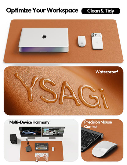 YSAGi Leather Desk Protector, Office Mat, Large Mouse Mat, Non-Slip PU Leather Blotter, Laptop Desk Mat, Waterproof Writing Pad for Office and Home (Brown, 35.4" x 17")