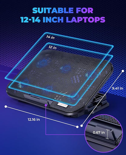 HAVIT Laptop Cooling Pad with 6 Quiet Fans and Adjustable Heights for 12-14.1 Inch Laptops, Dual USB Ports, Phone Holder, Efficient Cooling Stand for Heat Dissipation