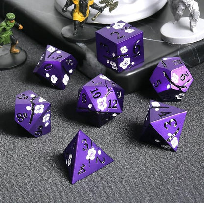 Matt Purple D&D Metal Dice, DNDND 7 PCS Heavy Metallic DND Dice Set with Gorgeous Gift Case for Dungeons and Dragon Tabletop Game (Matte Purple with White Flowers)