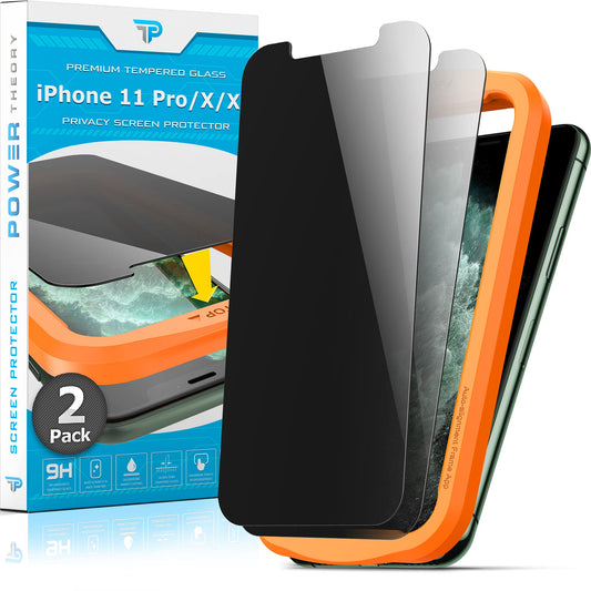 Power Theory Designed for iPhone X, iPhone Xs Privacy Screen Protector Tempered Glass Anti Spy protection [9H Hardness], Easy Install Kit, 99% HD Bubble Free Case Friendly, 2 Pack