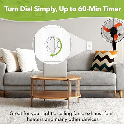 HBN 60 Minute Spring Wound Countdown Timer Switch for Bathroom Exhaust Fan, in-Wall Mechanical Light Switch Timer, No Neutral Required, Wall Plate Included, ETL Listed