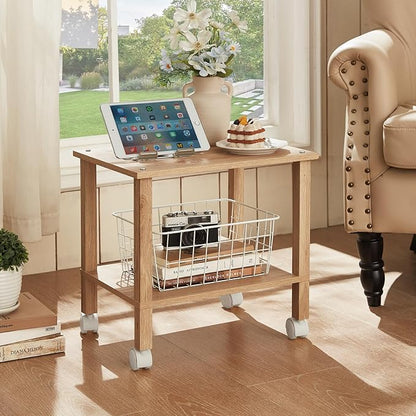 2 Tier Printer Stand with Storage,Under Desk Shelf Printer Table,Small Printer Stand with Wheels,Rolling Printer Cart for Office,Home,Wood Color