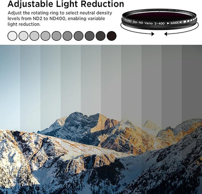 52mm Variable ND2-ND400 Filter with Upgraded Phone Clip, Neutral Density Filter Lens for iPhone 16/15/14/13 Pro Max Samsung Moto Google TCL, HD Double-Sided Multi-Coated Glass