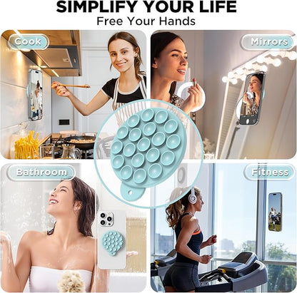 Magnetic Suction Cup Phone Mount for MagSafe Case, Silicone Hands-Free Grip Holder for iPhone and Android, Mirror Shower Phone Stand for Makeup FaceTime Gym Kitchen Bathroom, Light Cyan