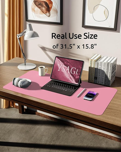YSAGi Leather Desk Protector, Office Mat, Large Mouse Mat, Non-Slip PU Leather Blotter, Laptop Desk, Waterproof Writing Pad for Office and Home (Pink, 31.5" x 15.8")