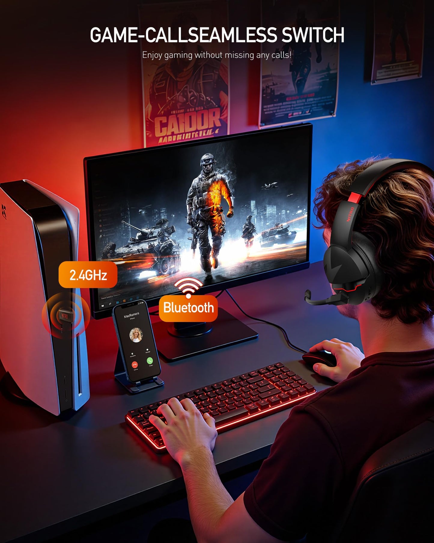 acer Wireless Gaming Headset, PS5 Headset with 2.4GHz for Ps5, Ps4, PC, Switch, Bluetooth 5.3 + 100Hrs Gaming Headphones with Noise Canceling Mic for Laptop, Mobile, Mac, 50mm Drivers (Red)