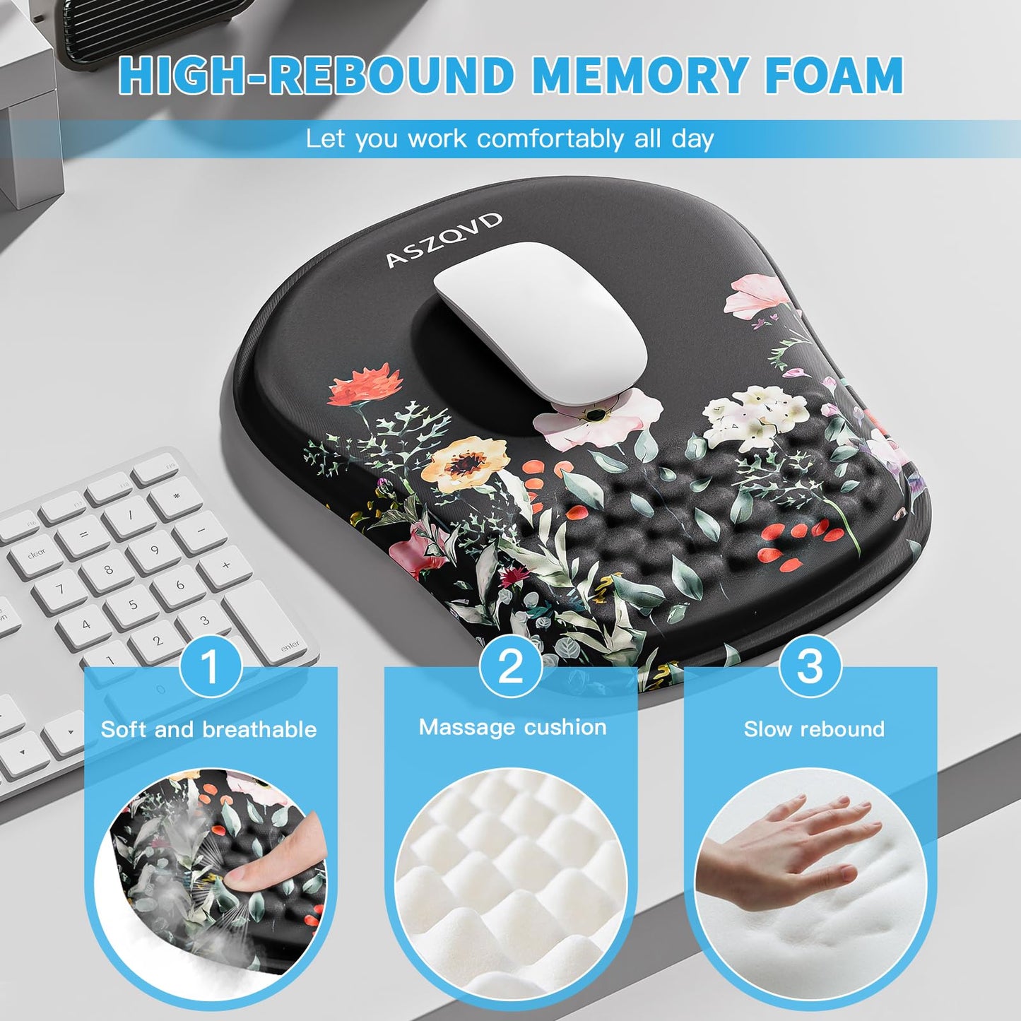Aszqvd Ergonomic Mouse Pad with Wrist Support, Floral Mousepad for Desk