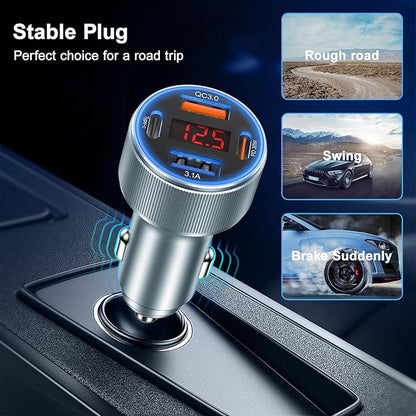 Car Phone Charger, Besgoods USB C Car Charger Adapter 4 Ports with Voltmeter PD&QC Fast Charging Cigarette Lighter USB Charger for iPhone 16 15 14 13 12 Galaxy S24 S23 A54 A15 Dash Cam Car Acc, 2Pack