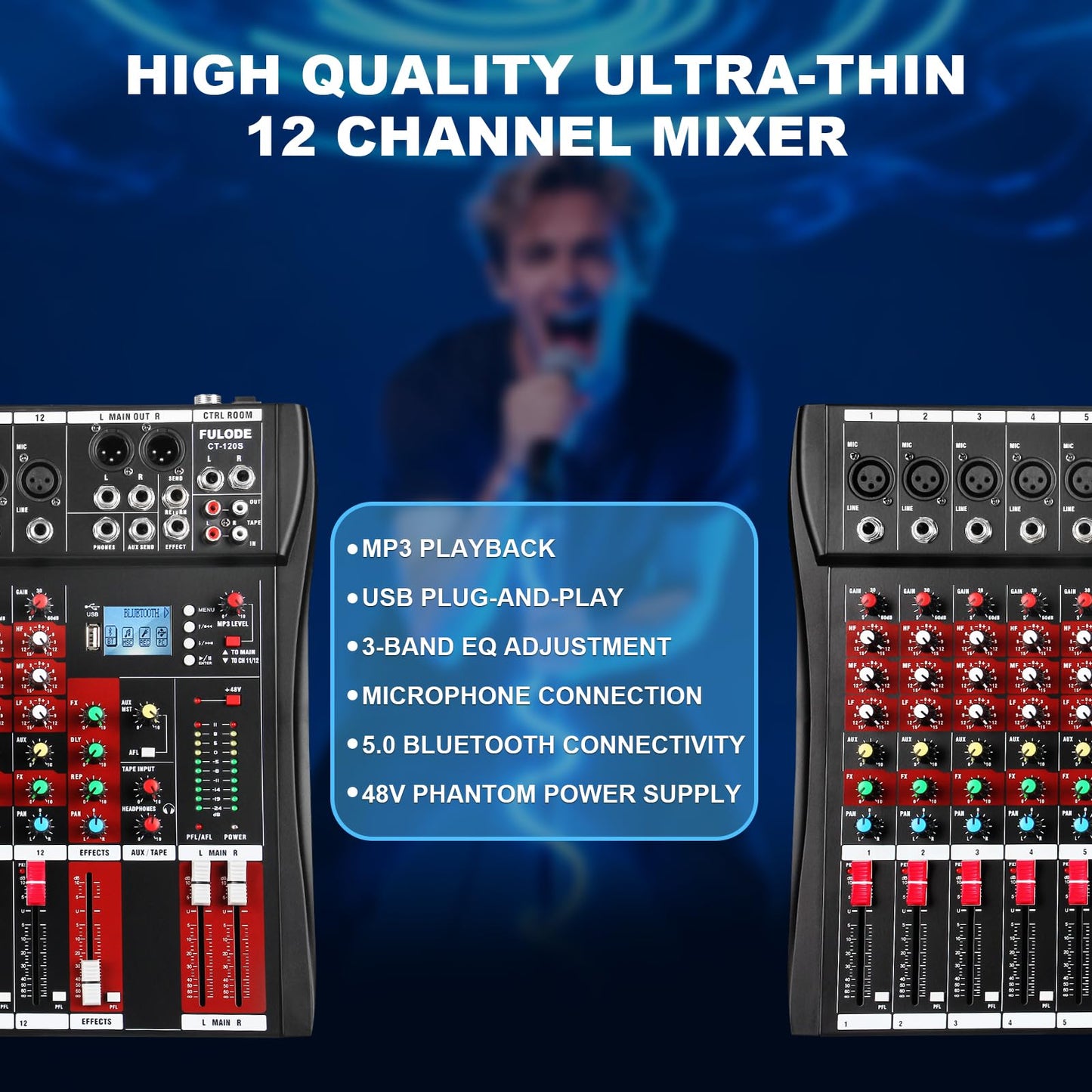 FULODE 12 Channel Audio Mixer, Professional Music Mixer Board DJ Mixing Console with Bluetooth, USB/MP3 Player, Reverb, and 48V Phantom Power for Studio Recording, Karaoke, and Live Performances