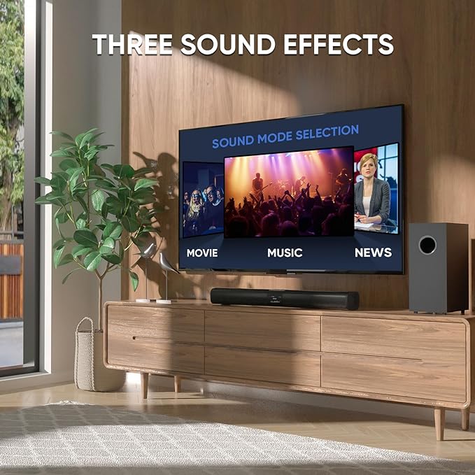 Saiyin Sound Bar for Smart TV with 5.25 Inch Subwoofer, 100W 24 Inch Soundbar for TV, TV Soundbar with Optical, ARC, AUX and Bluetooth 5.3 Inputs, Detachable Surround Sound System for TV