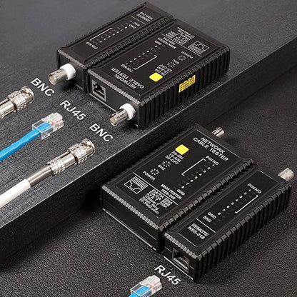 Dual-Function Coaxial & RJ45 Network Cable Tester with 2-Pack BNC Male to F Female Adapters, CAT5/CAT6/Coax Continuity Checker (Battery Not Included)
