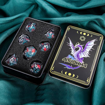 ARUOHHA DND Resin Dice Plum Blossom Liquid Core Dice Silver Blue Sharp Edged Dragons Polyhedral Dice Set with Gift Box, Role Playing Game Dungeons D and D Dice Set D20 D12 D10 D6 D4