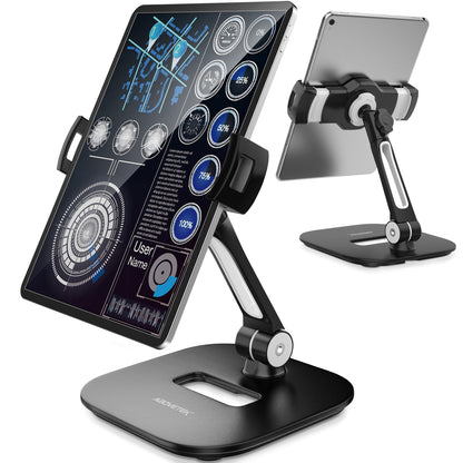 AboveTEK Tablet Stand Holder, Stylish Aluminum iPad Stands, Foldable 360° Swivel Table Stand Holder fits 4-11" Tablets/Smartphones for Kitchen Bedside Office POS Showroom Reception (Black)