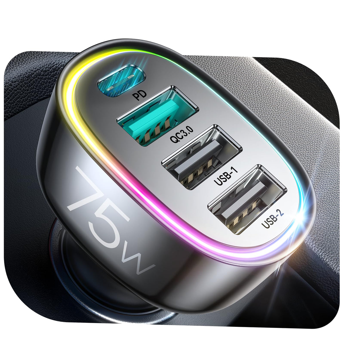 75W Car Charger USB C, 4 Port Super Fast Cigarette Lighter USB Charger, Type C 60W & QC 3.0 Multiport Car Phone Adapter Accessories for iPhone 17/16/15/14/13/12 Pro Samsung S26 Series, Android, Red