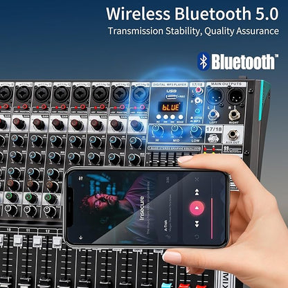 Audio Mixer, TKLBLS Professional 16 Channel DJ Mixer Board with 99-Bit DSP, Sound Board Mixing Console 7-Band EQ Output, USB Audio Interface, Bluetooth 48V Phantom Power For Karaoke Studio Streaming