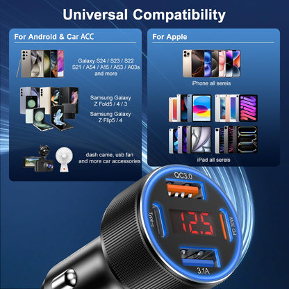 Car Charger USB C, Besgoods 4 Ports Cigarette Lighter USB Charger USB C Car Adapter PD/QC Fast Charging with Voltmeter for iPhone 17 16 15 14 13 12 Galaxy S24 S23 A54 A16 Android Dash Cam, 2Pack