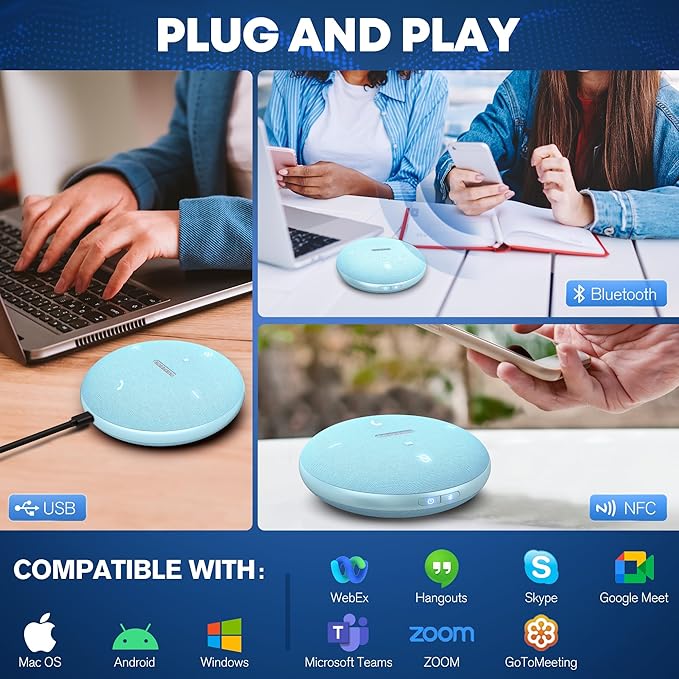 Bluetooth Conference Speakerphone M4 with AI Noise Reduction, AI Summaries, AI Transcription with 60-Language Support, 13FT 360° Voice Pickup,10-Hour Battery Life for Zoom and Teams, Blue