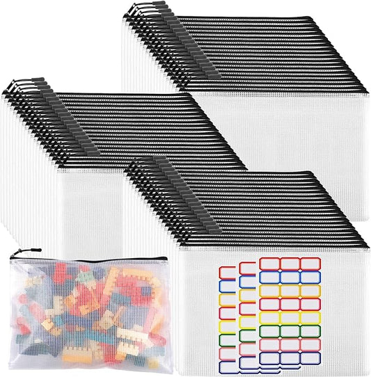 YOPCDJ 60pcs Large Mesh Zipper Pouch File Bags Reusable Zippered Pouches for Organizing Classroom, Board Game Storage, Puzzle Bags Black