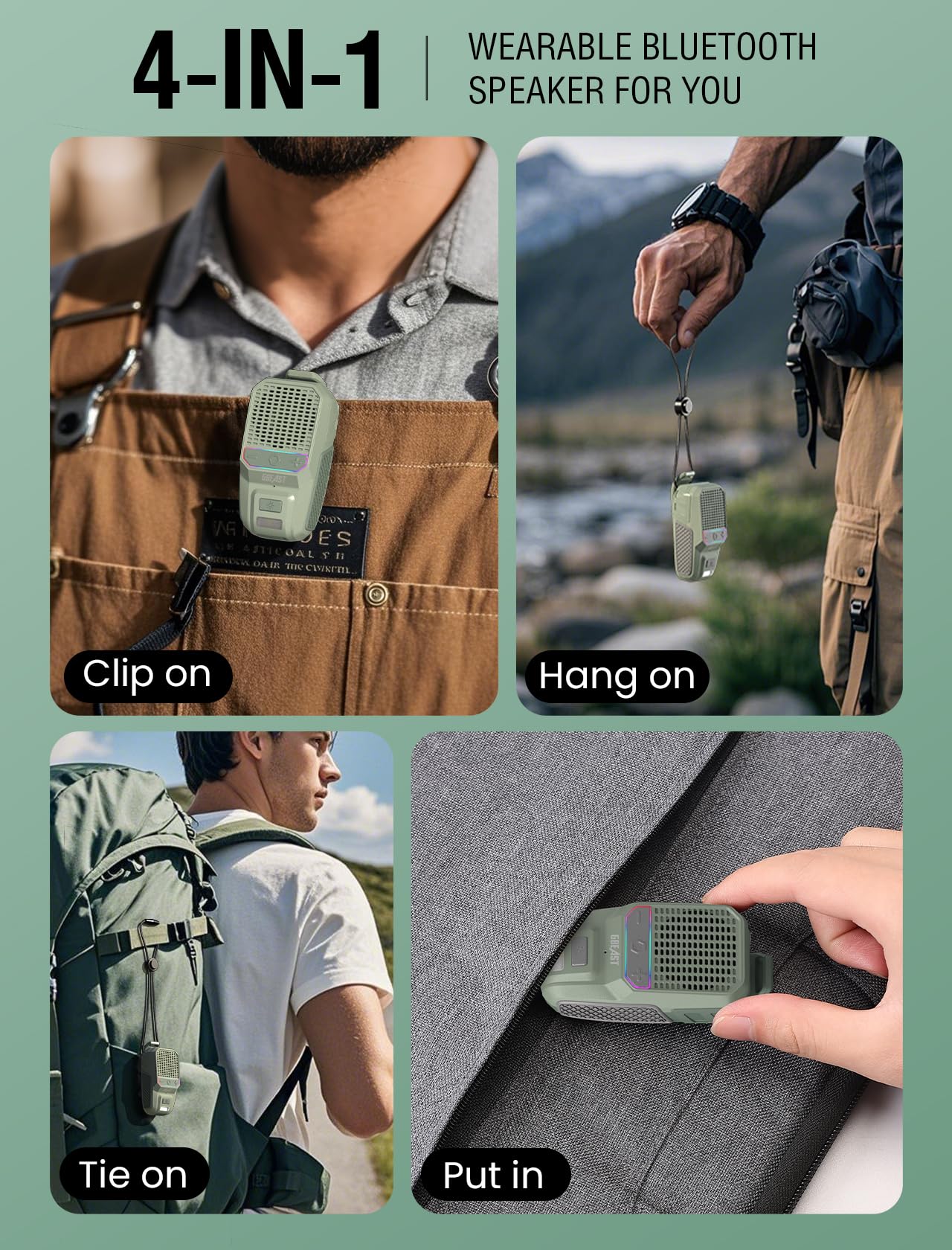 GBEAST Wearable Bluetooth Speaker, Waterproof Mini Clip On Speaker-Green