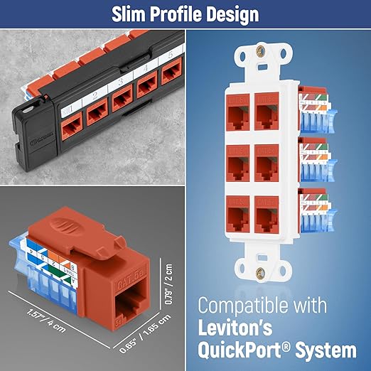 Everest 45° Angled RJ45 Cat5e Keystone Jacks 10-Pack in Orange - Slim Profile Female RJ45 Connectors - Cat 5e Keystone Jack - Compatible with 45° Angled Speed Termination Tool - 45Term (B0BL3GS7ZY)
