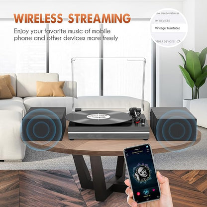 Vinyl Record Player with Dual Separate Stereo Speakers Vintage Turntable with BT Wireless Input Playback Belt Drive 3 Speed 3 Size Playback Record Player Support AUX Headphone Input RCA Out Auto Stop