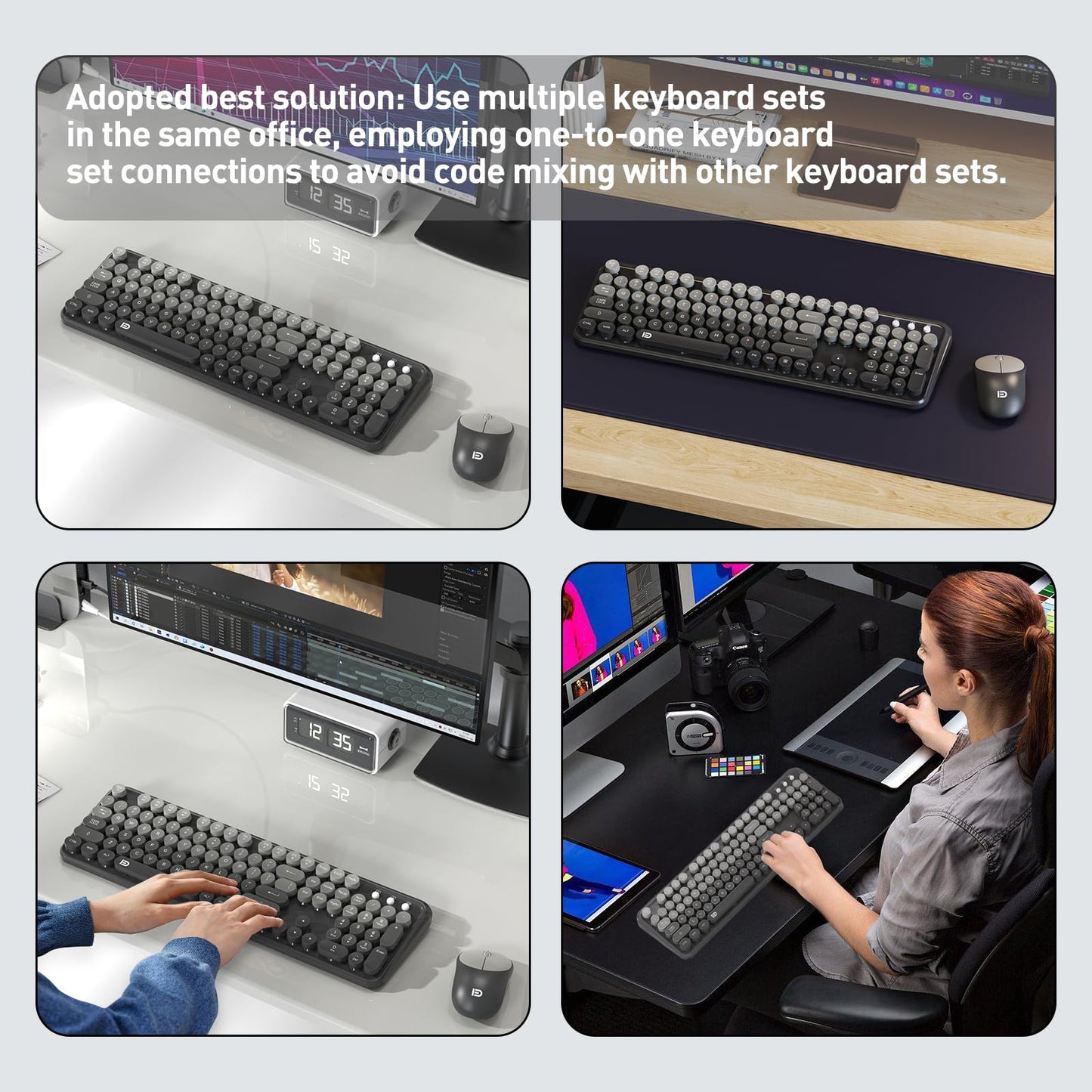 Wireless Keyboard and Mouse Combo, Retro Typewriter Style Round Keys, 2.4G Wireless Black and Grey Keyboard with Clicky Bubble Keys for PC Laptop and Desktop