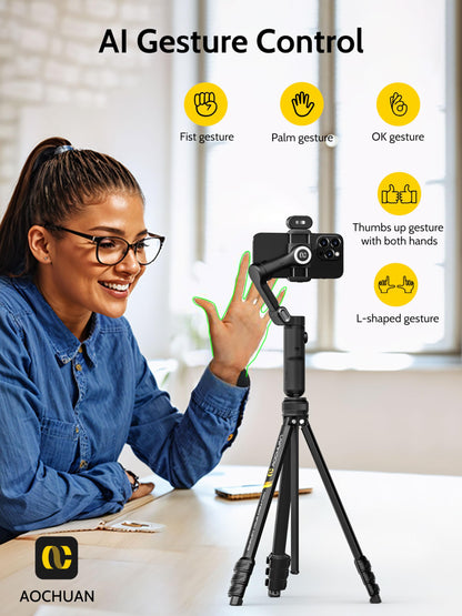 AOCHUAN 3-Axis Gimbal Stabilizer for iPhone & Android w/RGB Light, Handheld Phone Gimbal for Video Recording w/AI Tracking,1/4 Thread, Extendable Tripod, Padded Carry Bag(Smart X Complete Combo1)