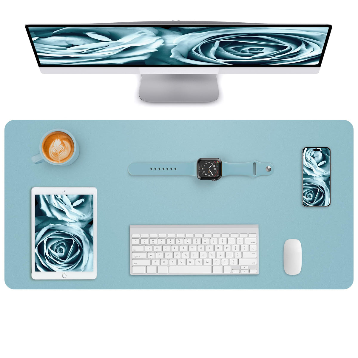 Leather Desk Pad Blotter,Mouse Pad,Office Desk Mat, Non-Slip PU Leather Desk mat,Large Desk mat,Waterproof Keyboard mat for Office/Home/Decor (Grey Blue,23.6" x 13")