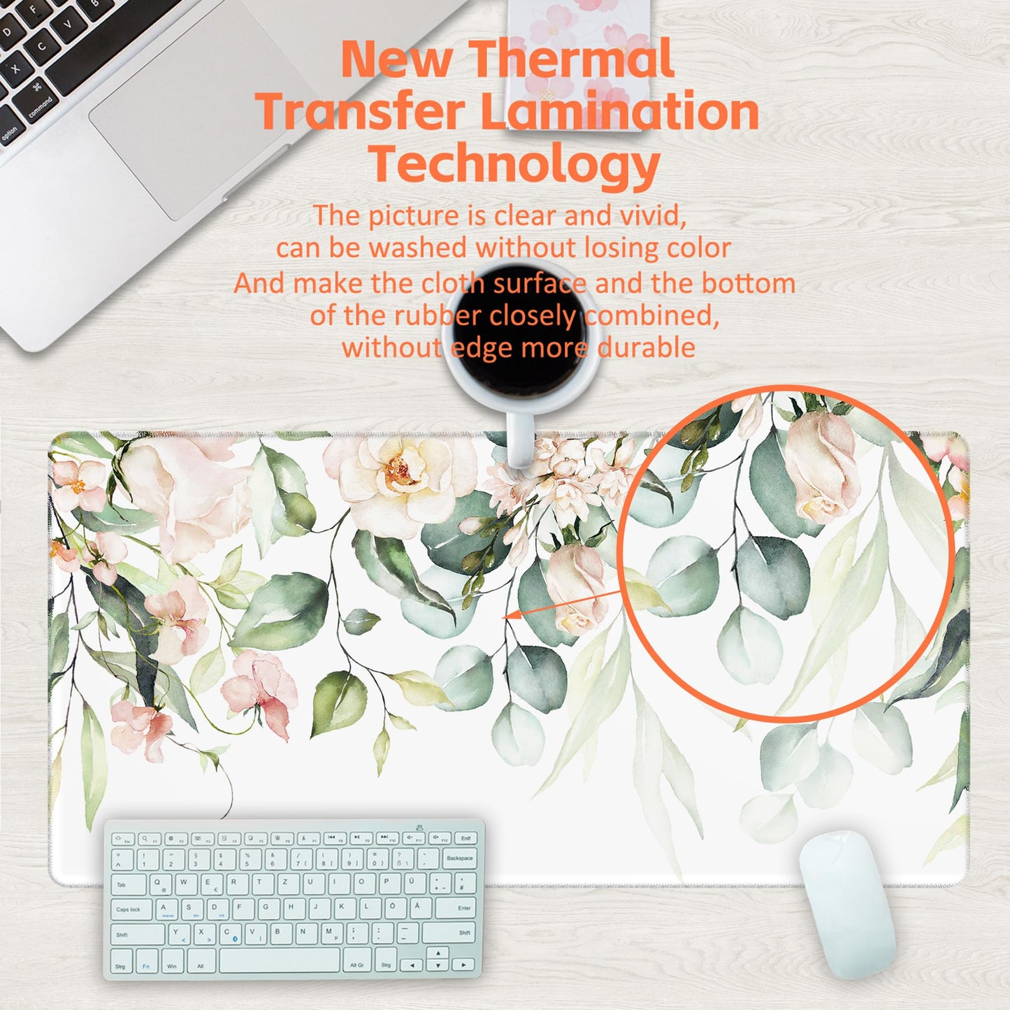 KOAIWPAE Desk Mat, Watercolor Pink Flowers Desk Pad, Green Leaves Flowers Large Gaming Mouse Pad for Desk, 31.5"x15.7" Extended Big Computer Keyboard Mouse Pad with Non-Slip Base and Stitched Edge