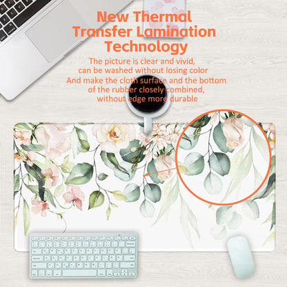 KOAIWPAE Desk Mat, Watercolor Pink Flowers Desk Pad, Green Leaves Flowers Large Gaming Mouse Pad for Desk, 31.5"x15.7" Extended Big Computer Keyboard Mouse Pad with Non-Slip Base and Stitched Edge