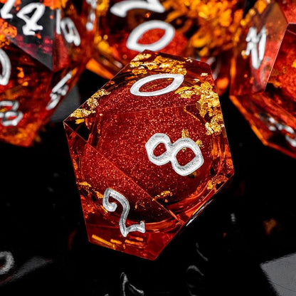 ARUOHHA Liquid Core DND Dice Set, 7pcs Resin Sharp Edged Dragons Dice Role Playing Games, RPG Silver Numbers Red Dungeons Polyhedral Dice with Gift Box D20 D12 D10 D8 D6 D4