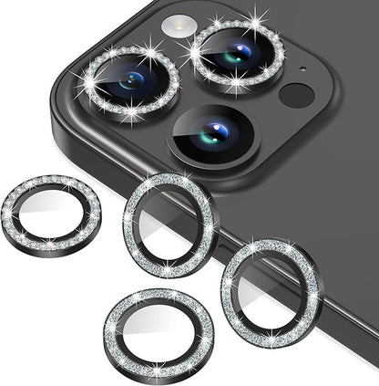 AGVEE 3+3 6 Pack for iPhone 14 Pro 6.1" / 14 Pro Max 6.7" Camera Lens Protector, Bling Diamond & Bling Glitter Metal Ring 9H Tempered HD Glass Camera Protector Cover Film, Bling-Black