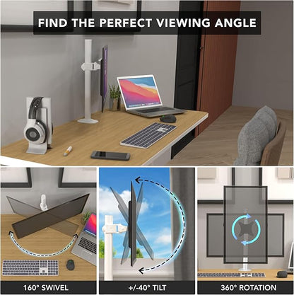 Mount-It! White Single Monitor Stand – Adjustable Desk Arm for Computer Screens – VESA Compatible Holder Up to 32" 19.8 lbs – 360° Rotation, 160° Swivel, 40° Tilt – Space-Saving Clamp & Grommet Base