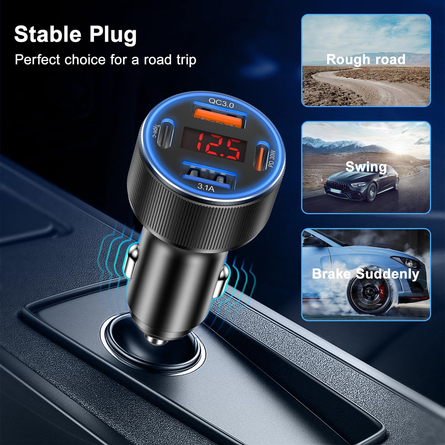Car Charger USB C, Besgoods 4 Ports Cigarette Lighter USB Charger USB C Car Adapter PD/QC Fast Charging with Voltmeter for iPhone 17 16 15 14 13 12 Galaxy S24 S23 A54 A16 Android Dash Cam, 2Pack