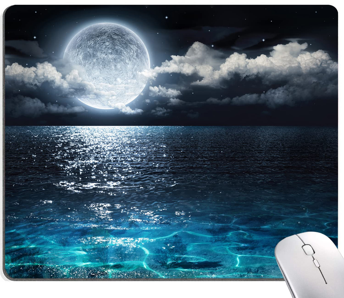 Mouse Pad, Ocean and Moon Mouse Pad, Square Waterproof Mouse Pad Non-Slip Rubber Base MousePads for Office Laptop, 9.5"x7.9"x0.12" Inch(Ocean and Moon)