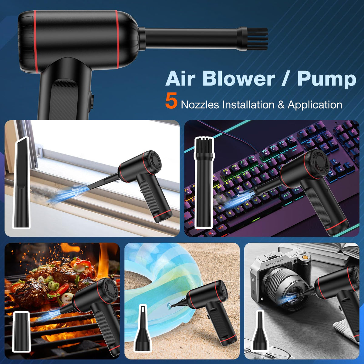 Compressed Air Duster, 100000RPM Handheld Car Vacuum/Air Blower& Pump, 3 Gear Adjustable Electric Air Duster/Car Vacuum Cleaner, Keyboard Duster with LED Light-10 Kits Air Blower for Computer(Black)